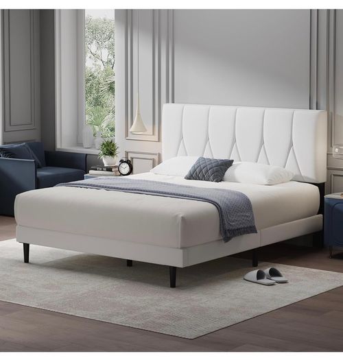 King Bed Frame, White, Upholstered Wooden Slat Bed Frame with Headboard, Easy Assembly, Underbed Storage, No Box Spring Needed 150x200