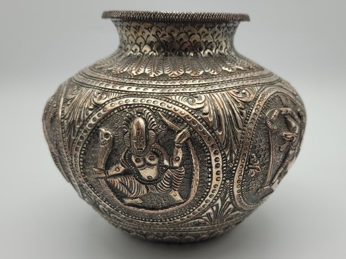 Antique Asian / Oriental White Metal Jar / Vase 19th Century Hand Decorated