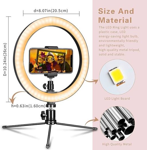 FREE EXPRESS SHIPPING  Dimmable Desk Makeup Ring Light 10" with Tripod Stand & Phone Holder for Live Streaming & YouTube Video,Photography, Shooting with 3 Light Modes & 10 Brightness Level