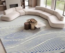 Rugs Living Room 200x300cm, BLue and Cream Area Rugs for Bedroom 3D Geometric Modern Extra Large Rug, Line Pattern Washable Soft Shaggy Non Shedding Short Pile Carpet Mat for Kids Room