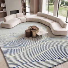 Rugs Living Room 200x300cm, BLue and Cream Area Rugs for Bedroom 3D Geometric Modern Extra Large Rug, Line Pattern Washable Soft Shaggy Non Shedding Short Pile Carpet Mat for Kids Room