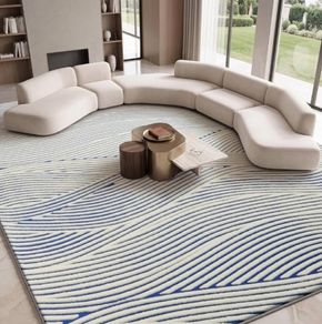 Rugs Living Room 200x300cm, BLue and Cream Area Rugs for Bedroom 3D Geometric Modern Extra Large Rug, Line Pattern Washable Soft Shaggy Non Shedding Short Pile Carpet Mat for Kids Room
