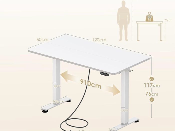 Electric Standing Desk, 120x60cm Height Adjustable Desk with 2 Memory Presets, Quiet Sit Stand Desk for Home Office Bedroom Living Room, Ergonomic Computer Desk with Hooks & Cable Holes, White