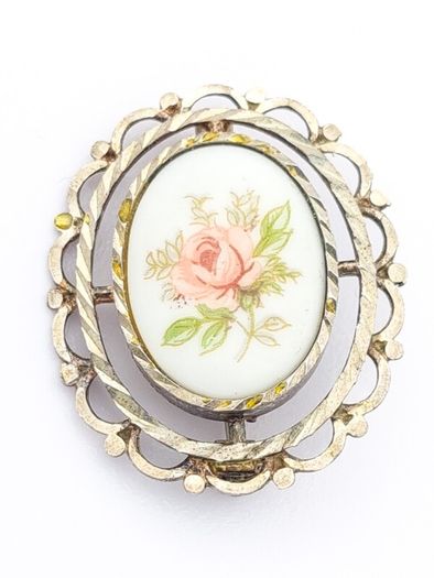 Hand Painted Porcelain Sterling Silver Brooch