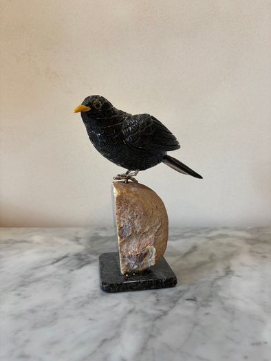 Hand-Carved Gemstone Blackbird on Crystal Geode Base
