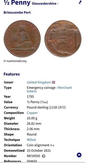 1795 Great Britain United Kingdom Thames and Severn Canal Half Penny Token