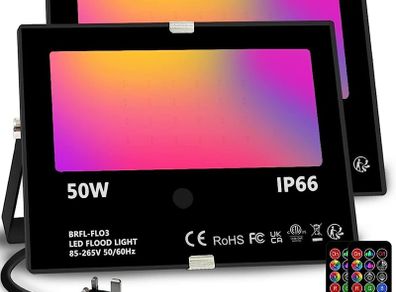 LED Floodlight Outdoor 50W, Colour Changing Flood Lights with Remote Control, Timing, 4 Modes, IP66 Waterproof, UK 3-Plug (FREE SHIPPING)