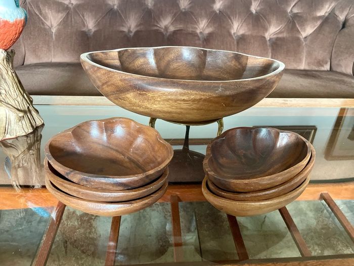 Vintage Carved Acacia Wood Shell Bowl Set 7 Pc Serving Salad Snack Nesting