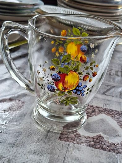 1950s Glass Juice Jug Large Vintage Pitcher with Fruit Floral Pattern no chips or cracks
