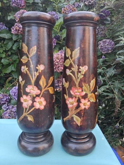 Stunning Pair Of Hand Painted Art Nouveau Hardwood  Candlesticks 12"