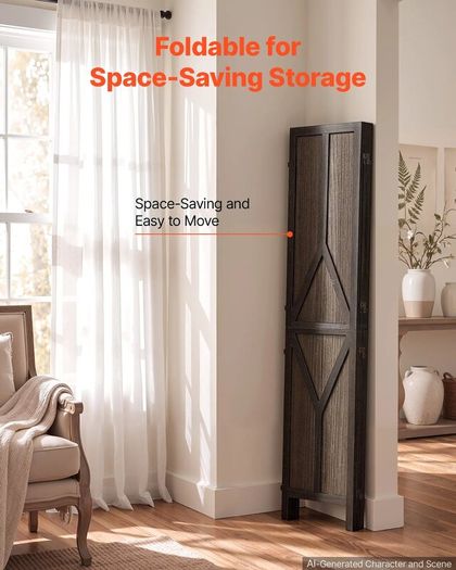 Wood Room Divider 4 Panels Wood Folding Privacy Screen Y Pattern, For Room Separation & Home Decor,1702 mm Tall, Solid Frame, 360 Two-Way Hinges, Rustic Wooden Partition with Hardware
