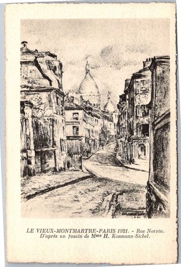 1921 Paris Le Vieux Montmartre Rue Norvin Sacre Coeur Charcoal Art DB Postcard