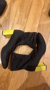Black socks high heels with yellow heels