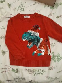 Red H&M sequin dinosaur Christmas jumper, age 3-4 years