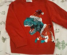 Red H&M sequin dinosaur Christmas jumper, age 3-4 years