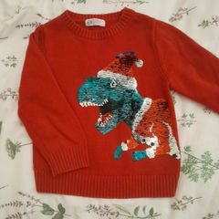Red H&M sequin dinosaur Christmas jumper, age 3-4 years
