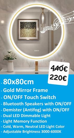 LED Bathroom Mirror Gold 80cm Bluetooth Demister Bright Light Makeup Cosmetic 3 Color Temperature