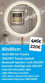 LED Bathroom Mirror 80cm Gold Speakers Music Fog Free