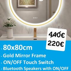 LED Bathroom Mirror 80cm Gold Speakers Music Fog Free