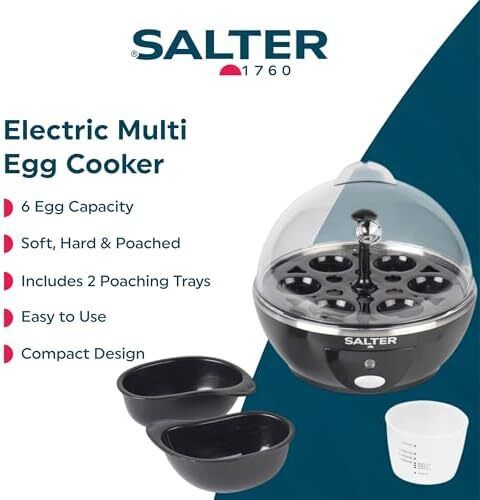 Electric Multi Egg Cooker - 6 Egg Capacity Boiler, Great For Soft Dippy, Hard & Poached Eggs, Includes Measuring Cup, Removable Egg Rack and 2 Poaching Trays, Easy Clean, Compact, 430W