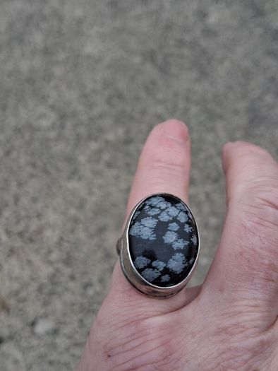 Midcentury Snowflake Obsidian Sterling Silver Ring