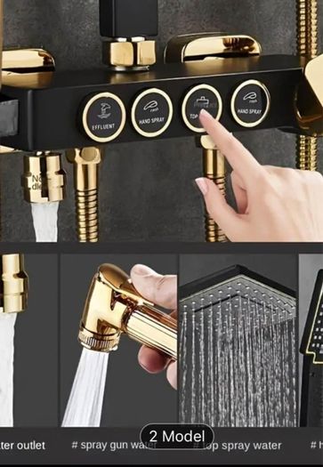 Luxury Black & Golden Square Shower Head Set - Wall-Mounted, Full Copper with Extended Pole, 4 Adjustable Settings for Ultimate Bathing Experience , brand new