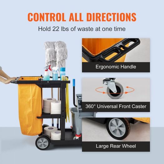 Commercial Cleaning Cart, 3-Shelf Commercial Janitorial Cart, 200 lbs Capacity Plastic Housekeeping Cart, with 25 Gallon PVC Bag, 120 x 51 x 98 cm, Yellow+Black