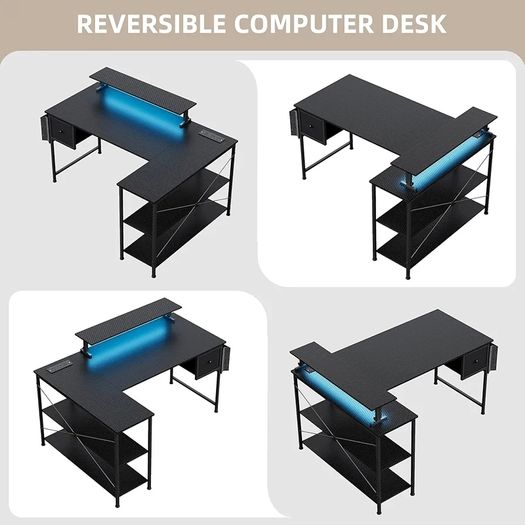 L Shaped Gaming Desk with LED Lights & Power Outlets, 120x80x70cm Reversible Corner Desk with Drawer Storage Bag & Monitor Stand, Carbon Fiber Black