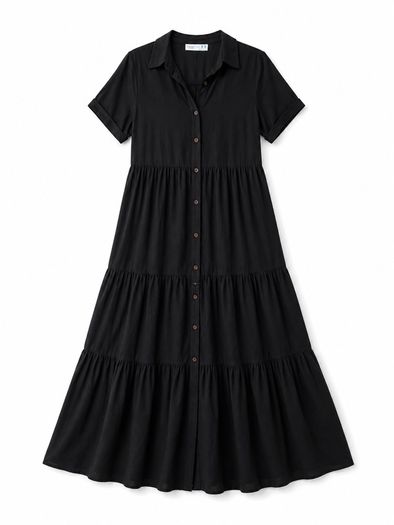NEW black dress features a tiered skirt and short sleeves
