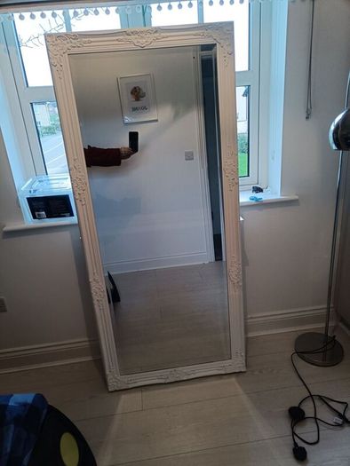 Large white, baroque style, ornate full length mirror