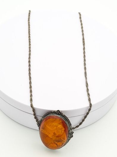 Carved Natural Baltic Amber Patinated Silver Necklace