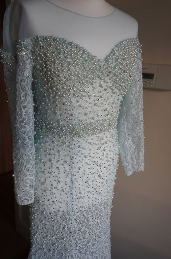 Debs dress - Embellished pearl & diamond cocktail evening maxi dress w train size 10/12 Mint Green