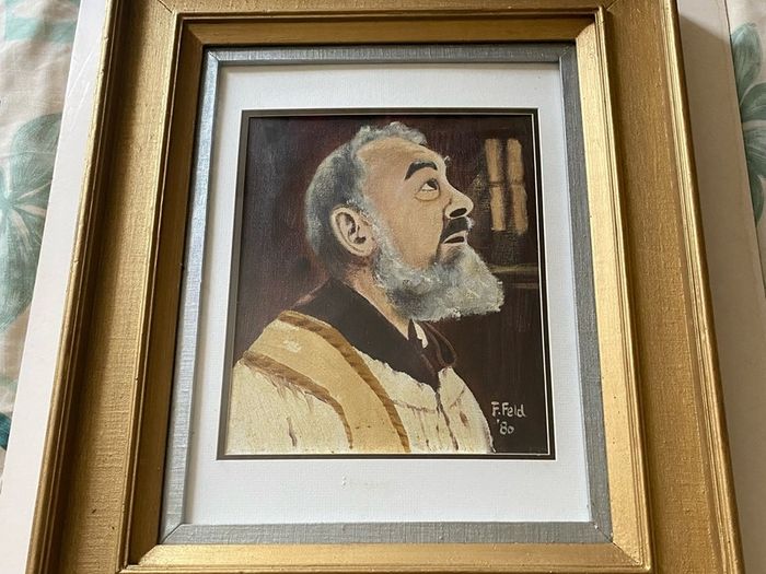 Framed Vintage Oil Portrait of Saint Padre Pio Signed F. Feld '80