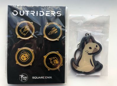 Monster Hunter Rise Cat Keyring & Outriders Pin Badge Set