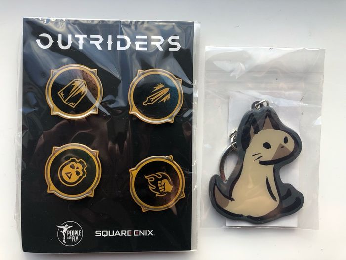 Monster Hunter Rise Cat Keyring & Outriders Pin Badge Set