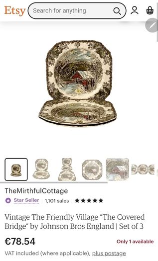 Set of 3 Vintage The Friendly Village The Covered Bridge by Johnson Bros Square Bone China Plates