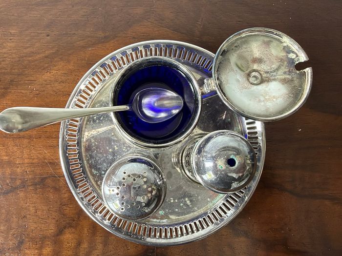 Vintage EPNS Cruet Set with Cobalt Blue Glass
