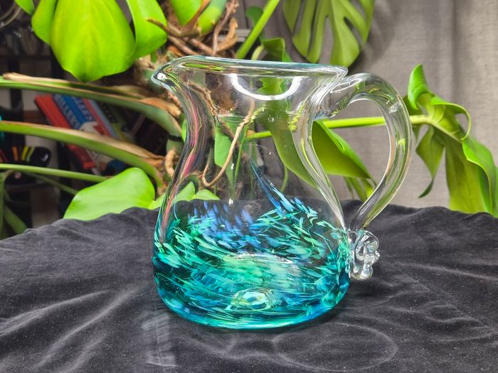 Jerpoint Glass Handcrafted Studio Art Glass Pitcher Water Jug Blue Green