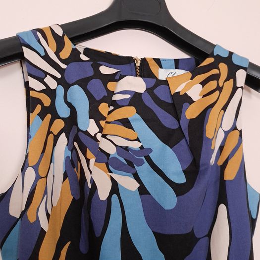 Closet London Abstract Blue Navy Belted A-Line Skater Dress 12UK/40EU