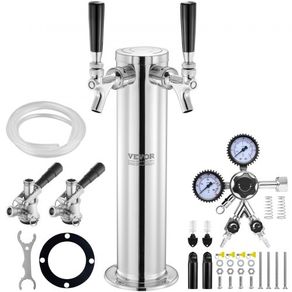 Kegerator Tower Kit, Dual Taps Beer Conversion Kit, Stainless Steel Keg Beer Tower Dispenser with Dual Gauge W21.8 Regulator