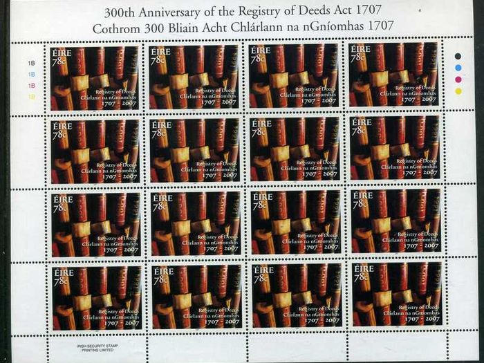 2007 Ireland 300th Anniversary of the Registry of Deeds Act Commemorative Stamp Sheetlet Plate 1B1B1B1B Mint Never Hinged (MNH)