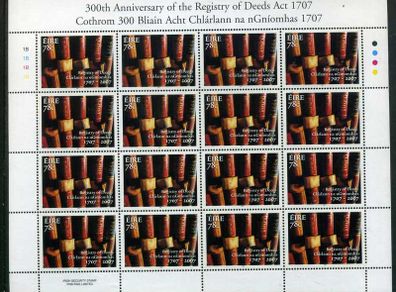 2007 Ireland 300th Anniversary of the Registry of Deeds Act Commemorative Stamp Sheetlet Plate 1B1B1B1B Mint Never Hinged (MNH)