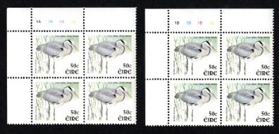 2002-04 Ireland Tenth Definitive Stamp Series Birds 50c Grey Heron Plate Block 1A1A1A1A & 1B1B1B1B Mint Never Hinged (MNH)