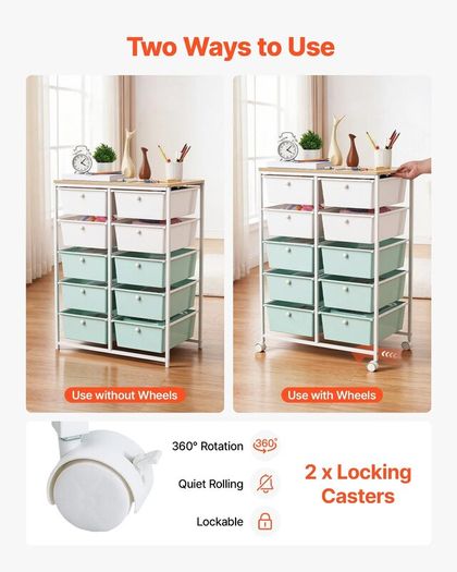 Rolling Cart with Drawers, Double Row 10 Drawer Storage Organizer, Mobile Utility Cart, Wood Top, Steel Frame