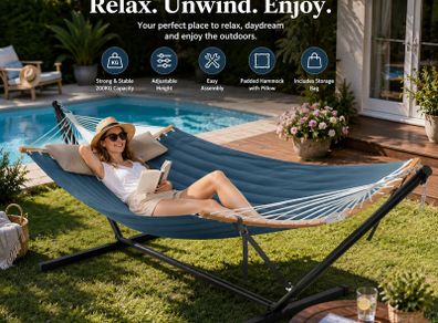 Extra Wide Garden Hammock with Stand  Padded Outdoor Hammock with Pillow, 200 kg