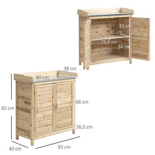 Garden Cabinet with 2 Compartments, Metal Work Surface with Edging, Natural Wood, 83 x 40 x 92 cm