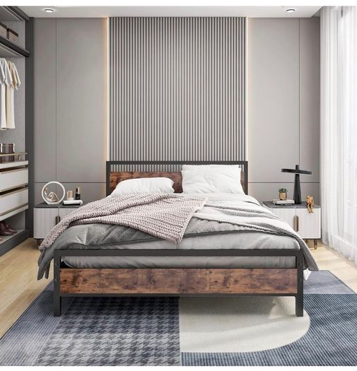 King Size Bed Frame with Wood Headboard,Heavy Duty Metal Platform Bed Frame King Size with Storage No Box Spring Needed,Mattress Base/Strong Steel Slats Support/Noise-Free