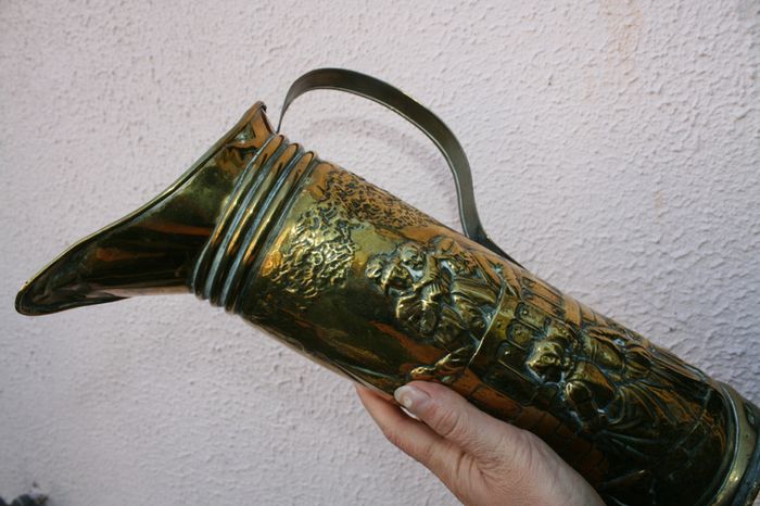 Vintage Embossed Brass Vase Pitcher, Embossed Belgium Brass Vase Jug 13,3"