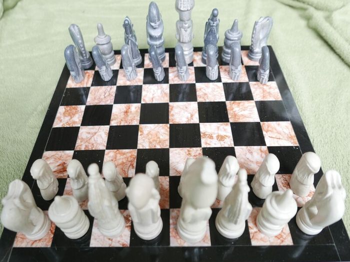Vintage Marble Chess Board, 14 inch and Handcrafted African Soapstone Chess Set (king 6")