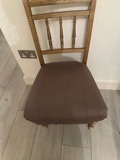 Antique chair wood painted gold with taupe silk type cover